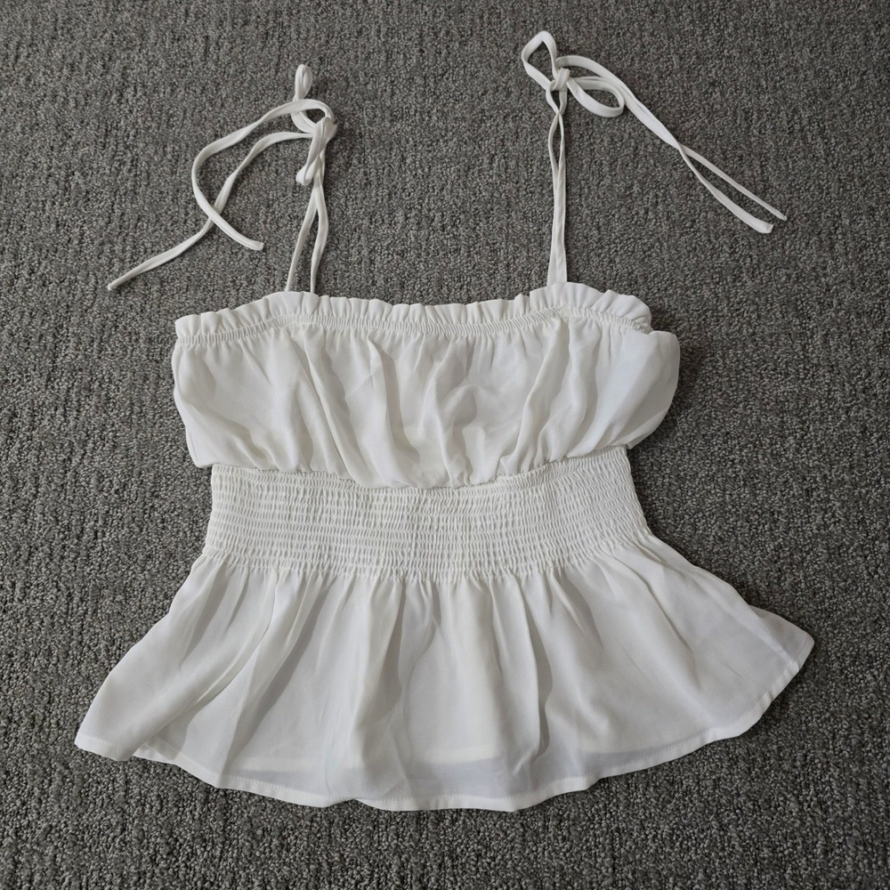 E&M White Smocked Peplum Cami Top Tie Strap Sleeveless Boho Cottagecore M